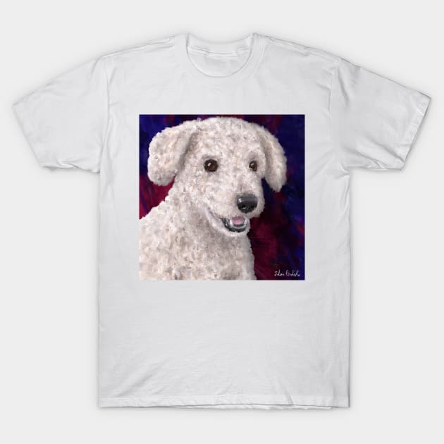 Painting of a Cute Fluffy White Maltipoo Smiling on Red and Purple Background T-Shirt by ibadishi